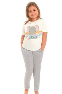 Хлопковый пижамный комплект для девочек с короткими рукавами и принтом и полосками карманов LITTLE FROG KIDS, серо-белый