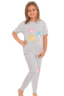 Хлопковый пижамный комплект для девочек с короткими рукавами и принтом и полосками карманов LITTLE FROG KIDS, серый