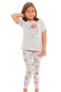 Хлопковый пижамный комплект для девочек с короткими рукавами и узором на ногах LITTLE FROG KIDS, серый