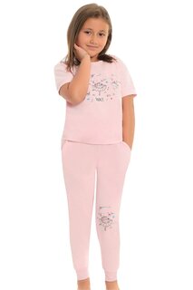 Хлопковый пижамный комплект для девочек с короткими рукавами и принтом и полосками карманов LITTLE FROG KIDS, розовый