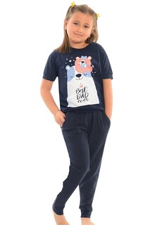Хлопковый пижамный комплект для девочек с короткими рукавами и принтом и полосками карманов LITTLE FROG KIDS, темно-синий