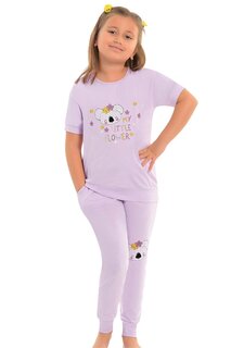 Хлопковый пижамный комплект для девочек с короткими рукавами и принтом и полосками карманов LITTLE FROG KIDS, сирень