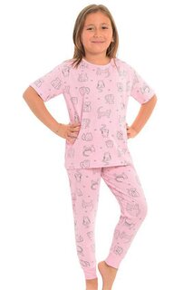 Хлопковый пижамный комплект для девочек с короткими рукавами и узором на ногах LITTLE FROG KIDS, розовый