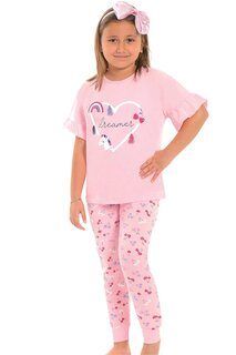Хлопковый пижамный комплект для девочек с короткими рукавами и узором на ногах LITTLE FROG KIDS, розовый