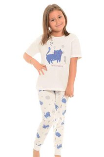Хлопковый пижамный комплект для девочек с короткими рукавами и узором на ногах LITTLE FROG KIDS, экрю-беби-голубой