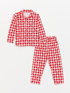 Хлопковый пижамный комплект для маленьких девочек с воротником рубашки и длинными рукавами LCW baby, красный печатный
