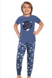 Хлопковый пижамный комплект для мальчика с короткими рукавами и узором, с полосками на штанинах LITTLE FROG KIDS, индиго