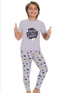 Хлопковый пижамный комплект для мальчика с короткими рукавами и узором, с полосками на штанинах LITTLE FROG KIDS, серый