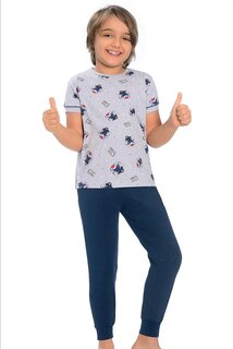 Хлопковый пижамный комплект для мальчика с короткими рукавами и узором, с полосками на штанинах LITTLE FROG KIDS, темно-сине-серый