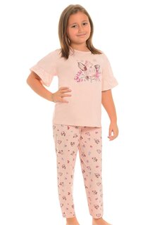 Хлопковый пижамный комплект с короткими рукавами и рисунком для девочек с прямыми штанинами LITTLE FROG KIDS, персик