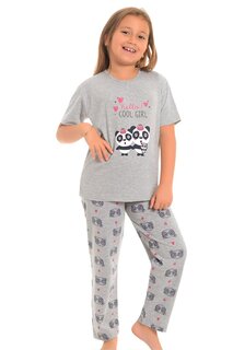 Хлопковый пижамный комплект с короткими рукавами и рисунком для девочек с прямыми штанинами LITTLE FROG KIDS, серый