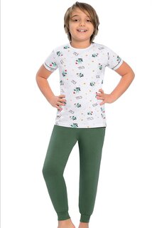 Хлопковый пижамный комплект для мальчика с короткими рукавами и узором, с полосками на штанинах LITTLE FROG KIDS, бело-зеленый