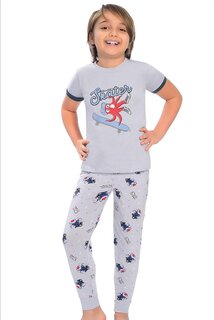 Хлопковый пижамный комплект для мальчика с короткими рукавами и узором, с полосками на штанинах LITTLE FROG KIDS, серый с принтом