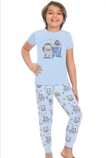Хлопковый пижамный комплект для мальчика с короткими рукавами и узором, с полосками на штанинах LITTLE FROG KIDS, синий