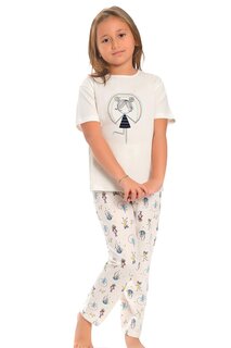 Хлопковый пижамный комплект с короткими рукавами и рисунком для девочек с прямыми штанинами LITTLE FROG KIDS, экрю