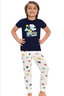 Хлопковый пижамный комплект для мальчика с короткими рукавами и узором, с полосками на штанинах LITTLE FROG KIDS, темно-сине-белый