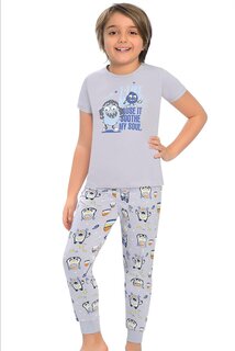 Хлопковый пижамный комплект для мальчика с короткими рукавами и узором, с полосками на штанинах LITTLE FROG KIDS, серый