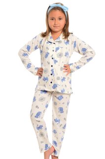 Хлопковый пижамный комплект с длинными рукавами и рисунком для девочек с прямыми штанинами LITTLE FROG KIDS, экрю-беби-голубой