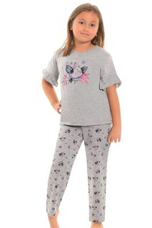 Хлопковый пижамный комплект с короткими рукавами и рисунком для девочек с прямыми штанинами LITTLE FROG KIDS, серый