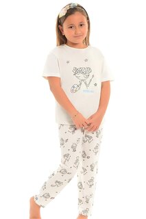 Хлопковый пижамный комплект с короткими рукавами и рисунком для девочек с прямыми штанинами LITTLE FROG KIDS, экрю