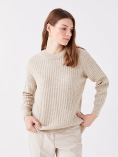 Простой женский вязаный свитер большого размера с круглым вырезом и длинными рукавами LCWAIKIKI Basic, бежевый меланж