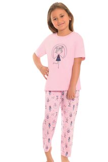 Хлопковый пижамный комплект с короткими рукавами и рисунком для девочек с прямыми штанинами LITTLE FROG KIDS, розовый