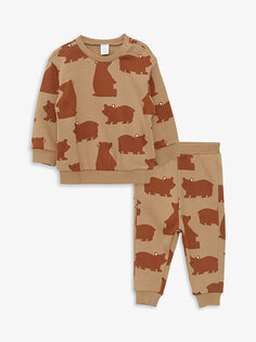 Хлопковый свитшот и брюки с круглым вырезом и длинными рукавами с принтом для маленьких мальчиков, комплект из 2 предметов LCW baby, темно-бежевый