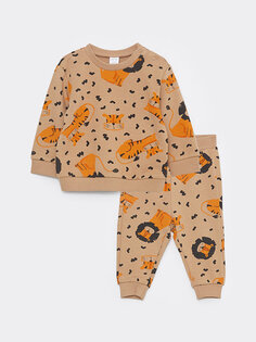 Хлопковый свитшот и брюки с круглым вырезом и длинными рукавами с принтом для маленьких мальчиков, комплект из 2 предметов LCW baby, светло-коричневый