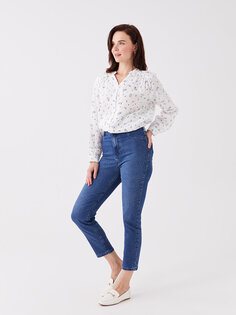 Женские джинсовые брюки прямого кроя с блестящим каменным принтом LCW Grace, средний синий, мытый