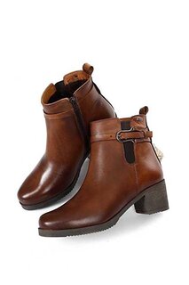 TABA-BROWN Женские повседневные ботинки из натуральной кожи с круглым носком, резиновой подошвой, каблуком, застежкой-молнией и пряжкой, 5 GÖNDERİ(R)