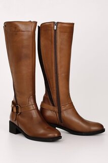 TABA-BROWN Женские повседневные ботинки из натуральной кожи с круглым носком, резиновой подошвой, каблуком и пряжкой, GN516 GÖNDERİ(R)
