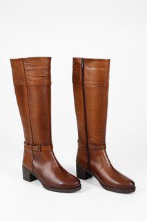 TABA-BROWN Женские повседневные ботинки из натуральной кожи с круглым носком, резиновой подошвой, каблуком, застежкой-молнией и пряжкой GÖNDERİ(R), тан-браун
