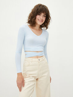 Прямая женская укороченная рубашка с V-образным вырезом и длинными рукавами LCW Casual, светло-синий