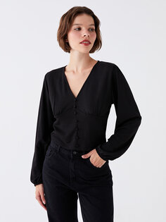 Прямая женская укороченная рубашка с V-образным вырезом и длинными рукавами LCW Casual, новый черный