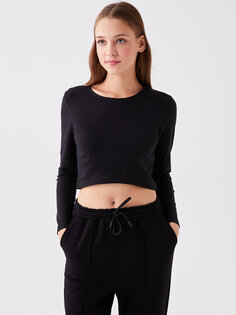 Прямая женская укороченная рубашка с круглым вырезом и длинными рукавами LCW ECO, новый черный