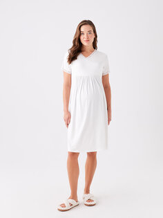 Прямая ночная рубашка для беременных с V-образным вырезом и короткими рукавами LCW DREAM, экрю