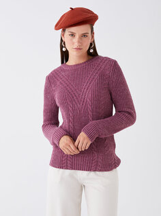 Ажурный женский трикотажный свитер с круглым вырезом и длинными рукавами LCWAIKIKI Basic, светлая слива