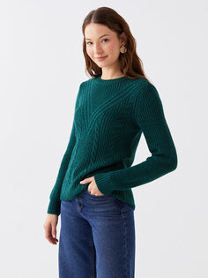 Ажурный женский трикотажный свитер с круглым вырезом и длинными рукавами LCWAIKIKI Basic, средне-зеленый