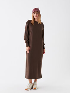 Прямое женское платье с круглым вырезом и длинными рукавами LCW Modest, темно коричневый