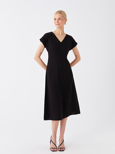 Прямое женское платье с V-образным вырезом и короткими рукавами LCW Vision, новый черный