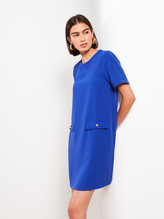 Прямое женское платье с круглым вырезом и короткими рукавами LCW Vision, средний синий