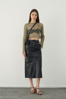 Черная кожаная юбка-миди с карманами и деталями Sherin