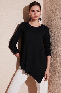 Асимметричная блузка с круглым вырезом и эластичной текстурой 5864971 Lela, черный