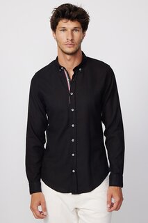 Черная мужская рубашка Slim Fit из хлопка и льна с длинным рукавом и воротником на пуговицах TUDORS