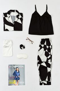 Асимметричный черно-белый атласный пижамный комплект из 6 предметов FOR YOU MODA