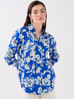 Атласная женская рубашка оверсайз с длинным рукавом с цветочным принтом LCW Vision