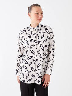 Атласная женская рубашка-туника с длинным рукавом с рисунком LCW Modest, экрю с принтом