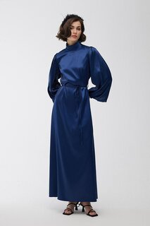 Атласное вечернее платье с объемными рукавами, темно-синее Manuka
