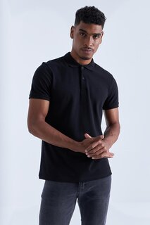 Черная мужская футболка из трикотажа с воротником поло и стандартным узором Basic Logo TOMMYLIFE