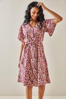 Пудрово-розовое платье с воланами и рукавами с цветочным узором 3YXK6-47393-50 XHAN